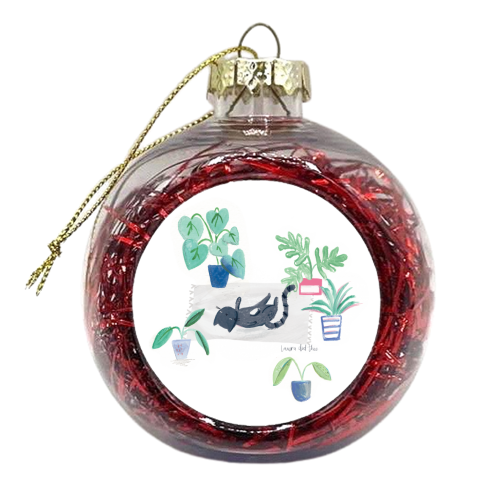 black cat lying on grey scandi rug - xmas bauble by lauradidthis