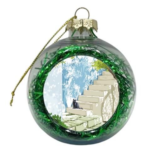 Black cat on the steps Poster, Greece Santorini summer travel pet painting - xmas bauble by Uma Prabhakar Gokhale