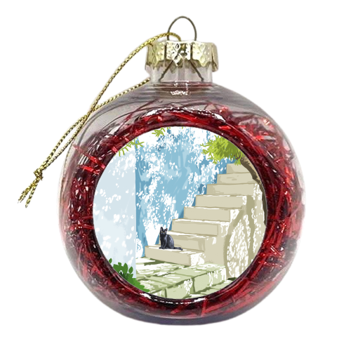 Black cat on the steps Poster, Greece Santorini summer travel pet painting - xmas bauble by Uma Prabhakar Gokhale