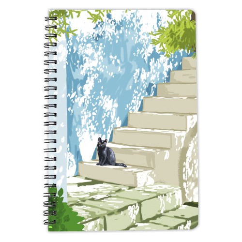 Black cat on the steps Poster, Greece Santorini summer travel pet painting - personalised A4, A5, A6 notebook by Uma Prabhakar Gokhale