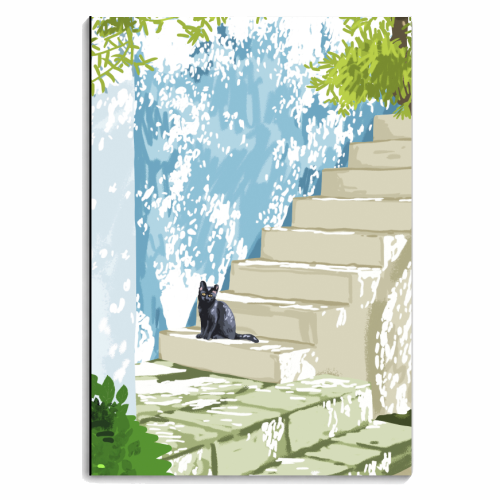 Black cat on the steps Poster, Greece Santorini summer travel pet painting - personalised A4, A5, A6 notebook by Uma Prabhakar Gokhale