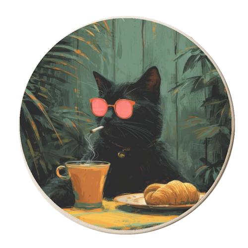 Black cat with drinking coffee - personalised beer coaster by DejaReve