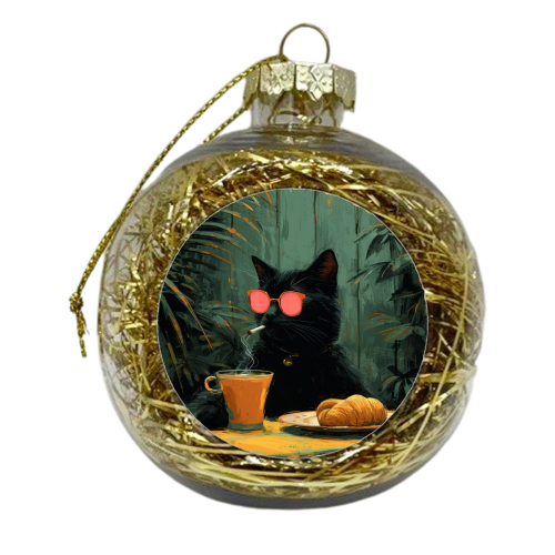 Black cat with drinking coffee - xmas bauble by DejaReve