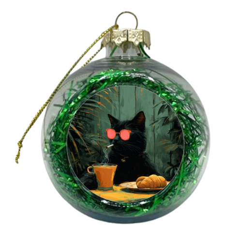 Black cat with drinking coffee - xmas bauble by DejaReve