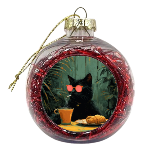 Black cat with drinking coffee - xmas bauble by DejaReve