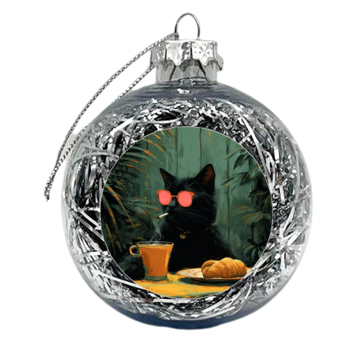 Black cat with drinking coffee - xmas bauble by DejaReve