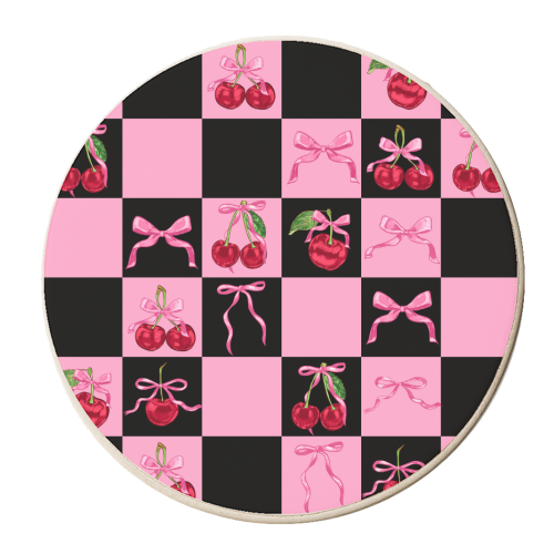 Black Checkered Cherries and Bows - personalised beer coaster by EZbie