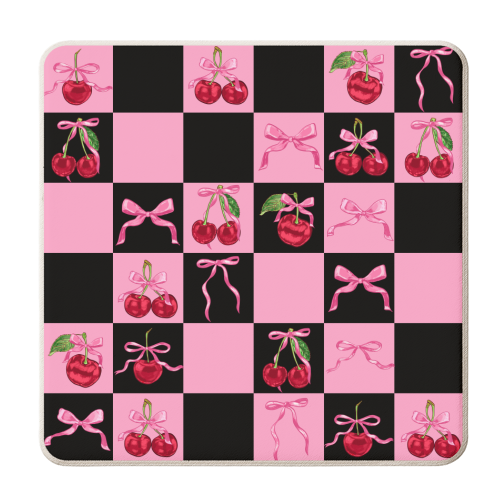 Black Checkered Cherries and Bows - personalised beer coaster by EZbie
