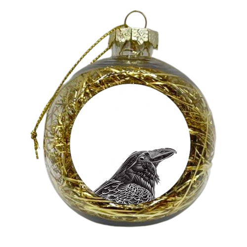 Black Crow Portrait Linocut Print - xmas bauble by Adam Regester