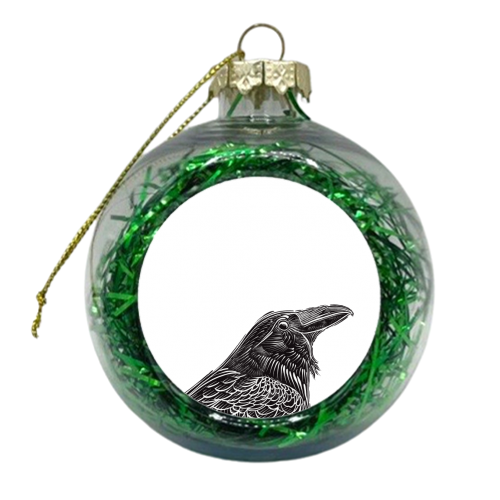 Black Crow Portrait Linocut Print - xmas bauble by Adam Regester