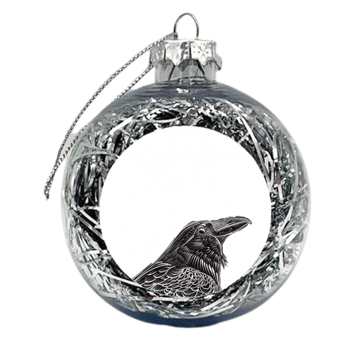 Black Crow Portrait Linocut Print - xmas bauble by Adam Regester