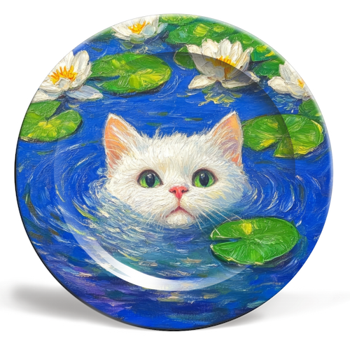 Blooming White Cat - ceramic dinner plate by DejaReve