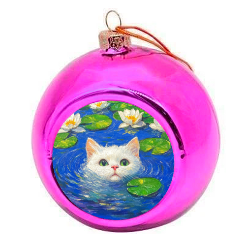 Blooming White Cat - colourful christmas bauble by DejaReve