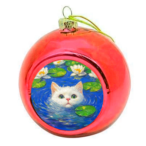 Blooming White Cat - colourful christmas bauble by DejaReve