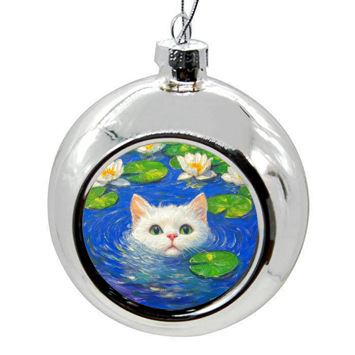 Blooming White Cat - colourful christmas bauble by DejaReve