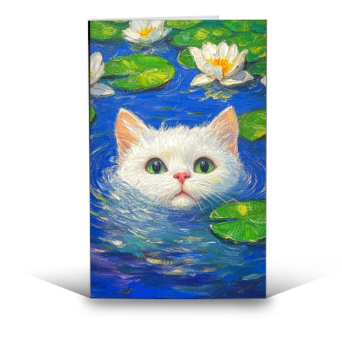 Blooming White Cat - funny greeting card by DejaReve