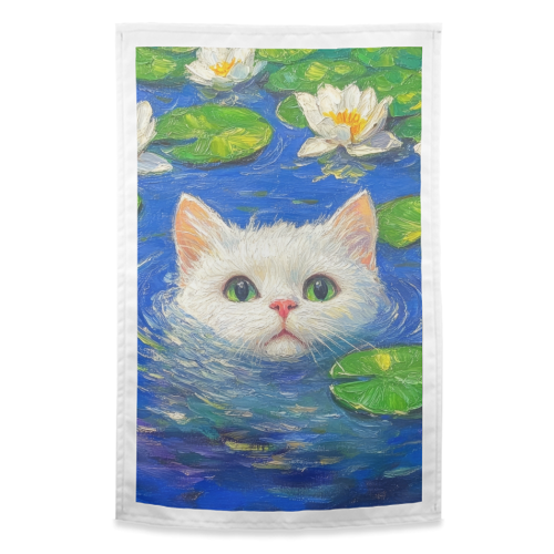 Blooming White Cat - funny tea towel by DejaReve