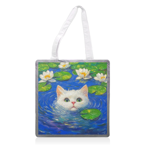 Blooming White Cat - printed canvas tote bag by DejaReve