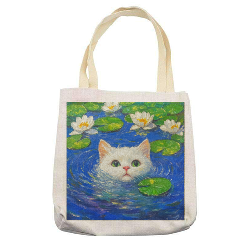 Blooming White Cat - printed canvas tote bag by DejaReve