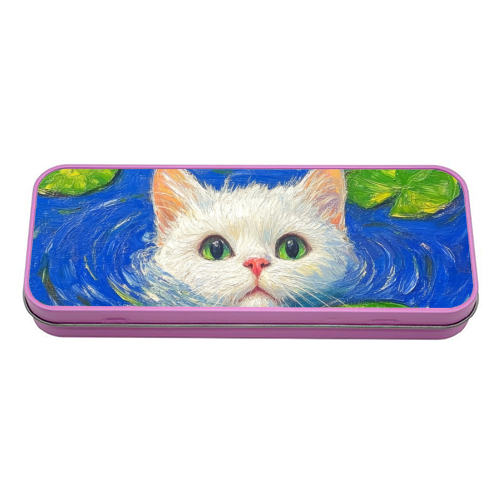 Blooming White Cat - tin pencil case by DejaReve
