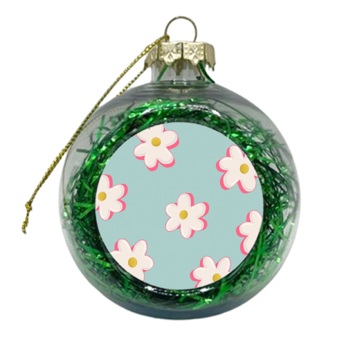 Blue and Pink Daisy Pattern - xmas bauble by Hollie Mills