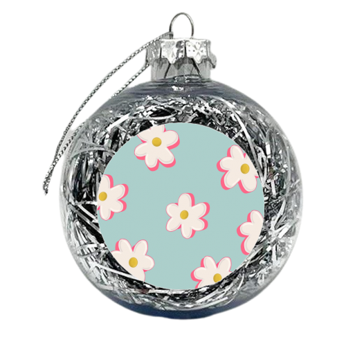 Blue and Pink Daisy Pattern - xmas bauble by Hollie Mills