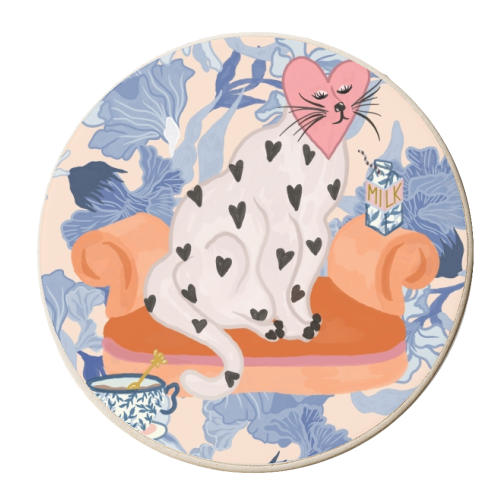 Blue Floral Love Heart Cat On A Couch - personalised beer coaster by Steph Pryor