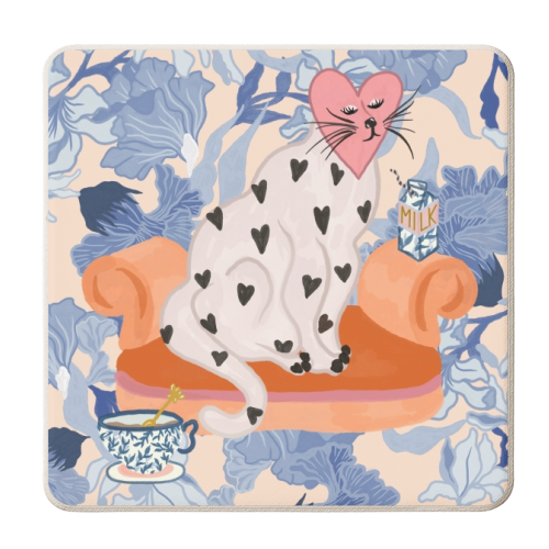 Blue Floral Love Heart Cat On A Couch - personalised beer coaster by Steph Pryor