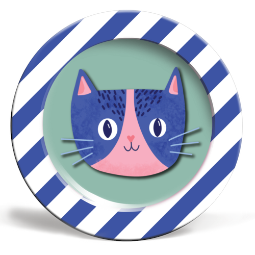 Blue Stripe Cute Cat - ceramic dinner plate by Mad Philomena