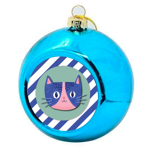 Blue Stripe Cute Cat - colourful christmas bauble by Mad Philomena