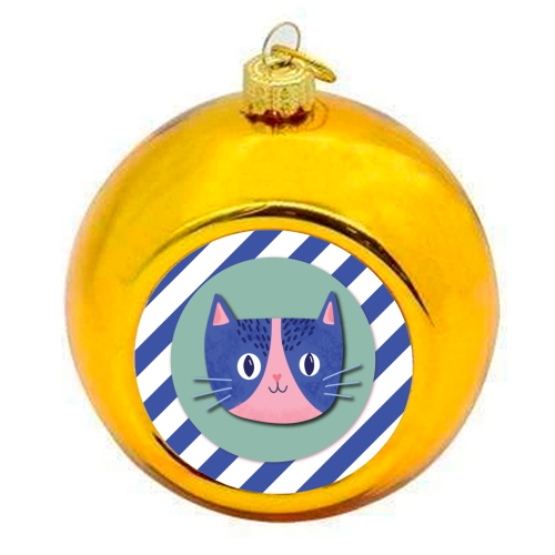 Blue Stripe Cute Cat - colourful christmas bauble by Mad Philomena