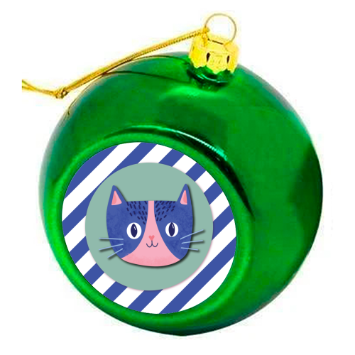 Blue Stripe Cute Cat - colourful christmas bauble by Mad Philomena