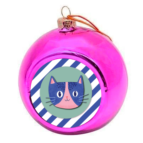 Blue Stripe Cute Cat - colourful christmas bauble by Mad Philomena