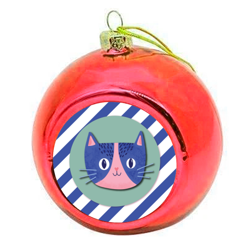 Blue Stripe Cute Cat - colourful christmas bauble by Mad Philomena