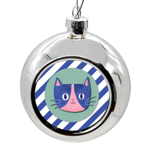 Blue Stripe Cute Cat - colourful christmas bauble by Mad Philomena