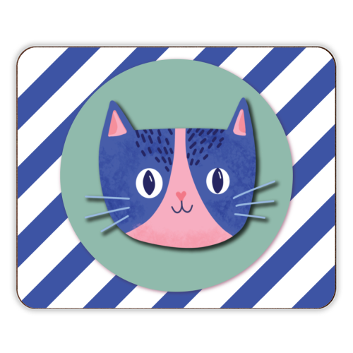 Blue Stripe Cute Cat - designer placemat by Mad Philomena