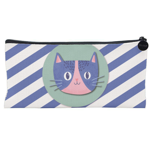 Blue Stripe Cute Cat - flat pencil case by Mad Philomena