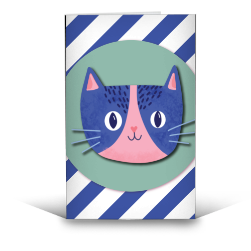 Blue Stripe Cute Cat - funny greeting card by Mad Philomena