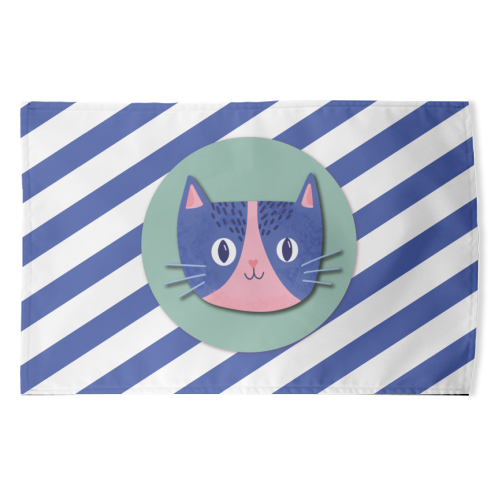 Blue Stripe Cute Cat - funny tea towel by Mad Philomena