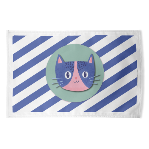 Blue Stripe Cute Cat - funny tea towel by Mad Philomena