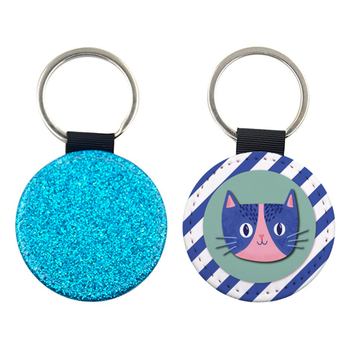 Blue Stripe Cute Cat - keyring by Mad Philomena