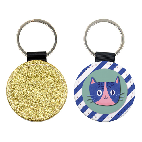Blue Stripe Cute Cat - keyring by Mad Philomena