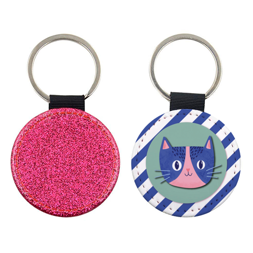 Blue Stripe Cute Cat - keyring by Mad Philomena