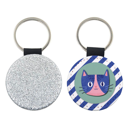 Blue Stripe Cute Cat - keyring by Mad Philomena