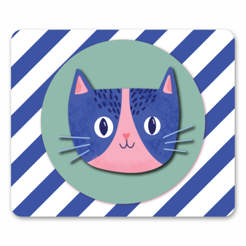 Blue Stripe Cute Cat - mouse mat by Mad Philomena