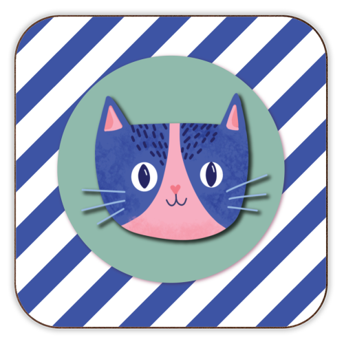 Blue Stripe Cute Cat - personalised beer coaster by Mad Philomena