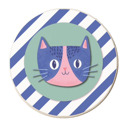 Blue Stripe Cute Cat - personalised beer coaster by Mad Philomena
