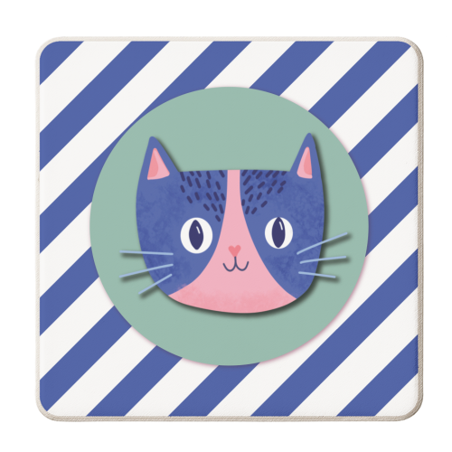 Blue Stripe Cute Cat - personalised beer coaster by Mad Philomena