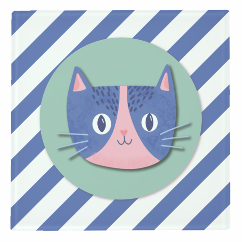 Blue Stripe Cute Cat - personalised beer coaster by Mad Philomena