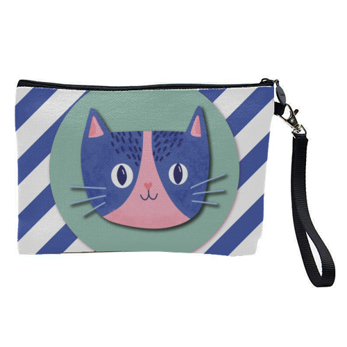 Blue Stripe Cute Cat - pretty makeup bag by Mad Philomena